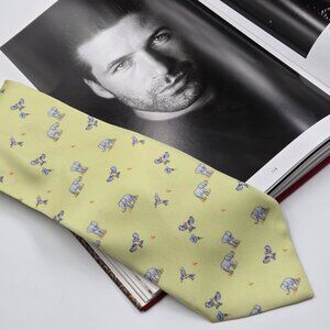 🍀Krizia Uomo Italian Silk Tie Elephants Birds Print Light Green, 9.2 cm